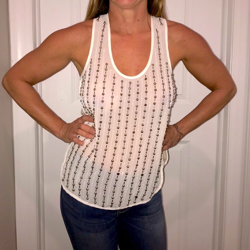 Parker Gold Beaded Sheer Silk Racer Back Tank Top